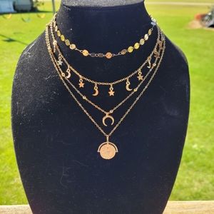 Women's Sun Moon Stars Pendant Circle Gold Tone Layered Necklace